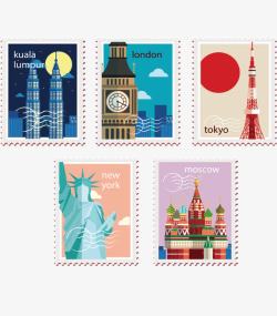 五张旅游纪念邮票矢量图素材