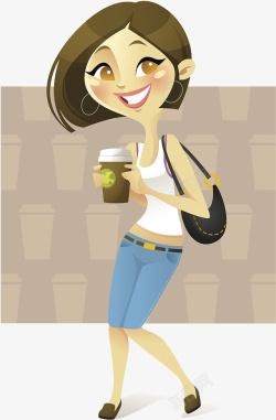 卡通插图女孩喝咖啡素材
