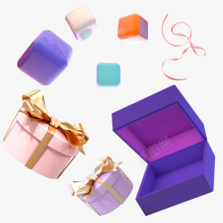 礼物彩带飘浮方块礼物彩带组合元素高清图片