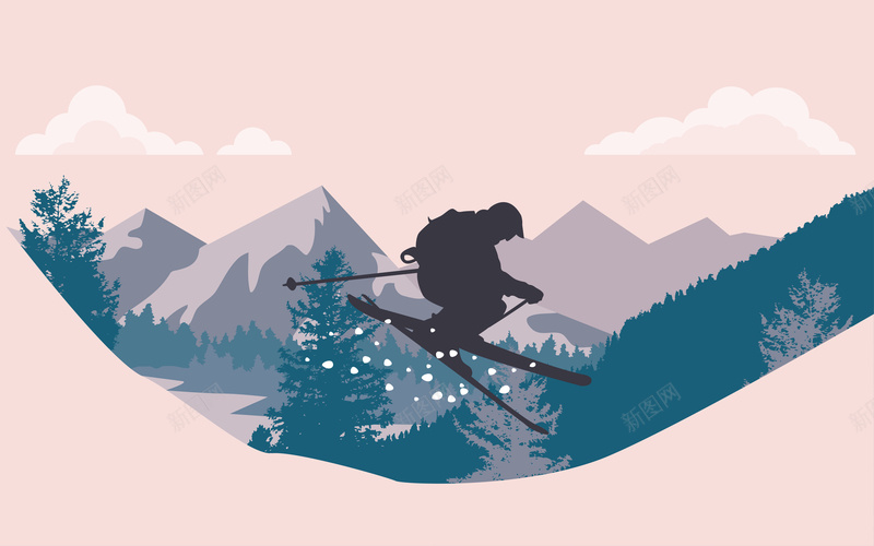 简约时尚的旅游及滑雪广告背景矢量图ai设计背景_88icon https://88icon.com 山林 户外 旅游 旅行 淡红 滑雪 白云 素材 背景 矢量图