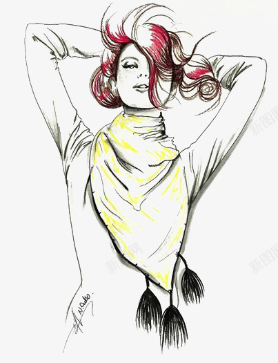 时尚美女png免抠素材_88icon https://88icon.com 创意 卡通 手绘 插画 模特 红色头发 线条 美女