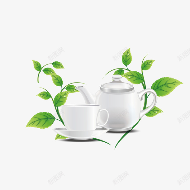 茶壶和茶杯矢量图ai免抠素材_88icon https://88icon.com 叶子 茶壶 茶杯 矢量图