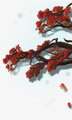 手绘枝干上的红色树叶素材
