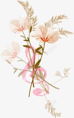 粉色小清新手绘花朵树叶装饰图案素材