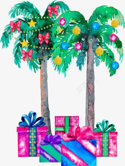 卡通手绘礼物盒椰子树素材