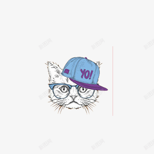 带蓝帽子的卡通猫png免抠素材_88icon https://88icon.com 戴眼镜的猫 时尚 有生气 白猫 蓝帽子 蓝眼镜 长胡子
