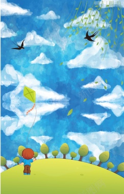 蓝色天空下放风筝的小朋友背景矢量图背景