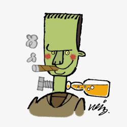 卡通机器人抽雪茄插画素材
