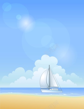 蓝天白云沙滩海洋帆船矢量背景