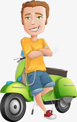 卡通外国青年站在摩托车旁矢量图素材