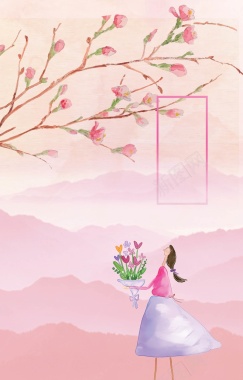 桃花树下的小女孩背景矢量图背景