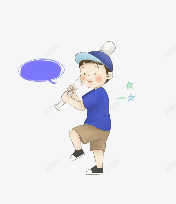 棒球男孩png免抠素材_88icon https://88icon.com 可爱 帽子 手绘 星星 棒球棍 棒球男孩 棕色中裤 蓝色对话框