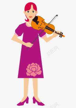 卡通手绘紫色裙子拉小提琴女孩素材