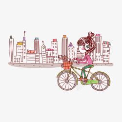 卡通手绘可爱女孩自行车城市素材