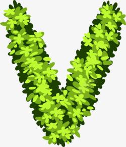 手绘绿色植物花卉创意英文字母V素材