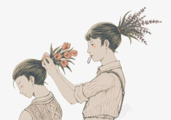 两个把花绑进头发里的姑娘素材