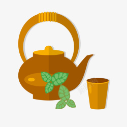 茶壶茶杯绿叶矢量图素材