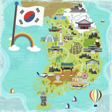 手绘矢量旅游韩国景点地图韩国国旗海报背景背景
