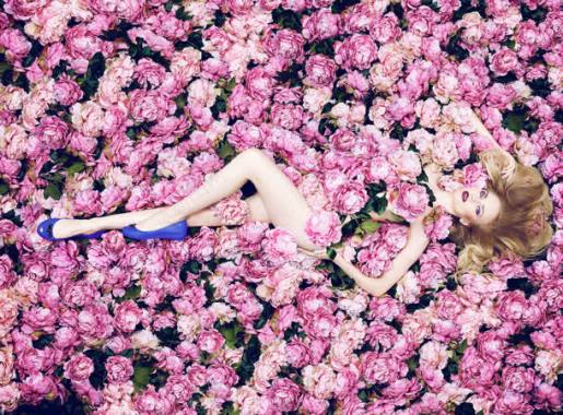 躺在粉色花朵上的美女背景