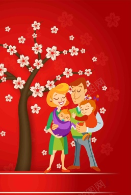 矢量手绘春节一家人幸福家庭灯笼海报背景背景