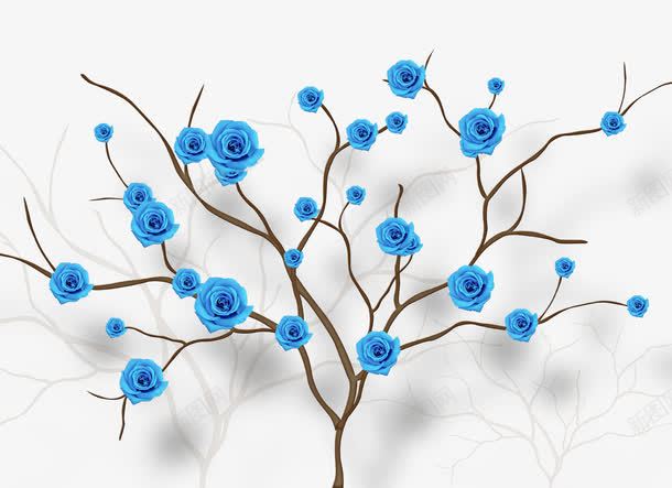 简约蓝色花朵背景墙png免抠素材_88icon https://88icon.com 树枝 立体 简约 花朵 蓝色