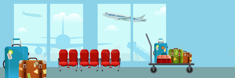 淘宝机场蓝色矢量卡通椅子行礼推车海报背景背景
