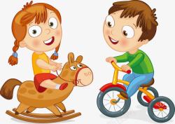 卡通小孩木马自行车玩耍素材