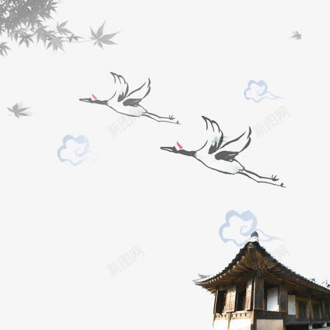 水墨画png免抠素材_88icon https://88icon.com 木屋 水墨 白鹤 装饰 风景