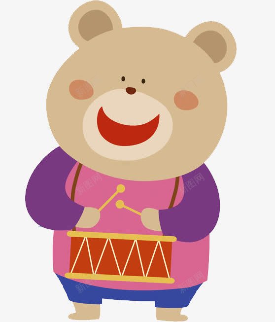 可爱熊熊png免抠素材_88icon https://88icon.com 乐器 可爱熊熊 微笑 手绘 敲鼓 紫色上衣 腮红 鼓槌