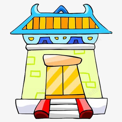 卡通手绘寺庙png免抠素材_88icon https://88icon.com 卡通寺庙 卡通庙 台阶 红色护栏 蓝色边 黄色门