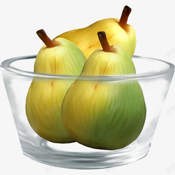 玻璃碗里的三个梨png免抠素材_88icon https://88icon.com 摆桌装饰 水果梨 玻璃碗 黄绿色果实