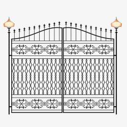大门围栏黑色欧式铁艺大门路灯高清图片