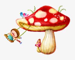唯美精美卡通可爱蘑菇小女孩荡秋素材