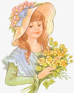 手绘抱着一束鲜花的小女孩素材