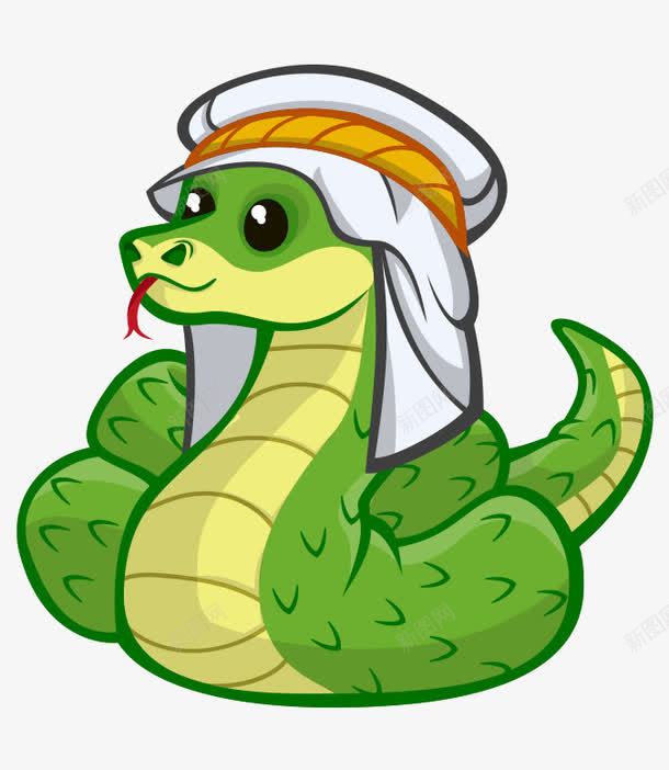 卡通手绘绿色可爱戴阿拉伯头饰蛇png免抠素材_88icon https://88icon.com 卡通的动物 可爱的蛇 戴阿拉伯头饰的蛇 手绘的蛇 绿色的蛇