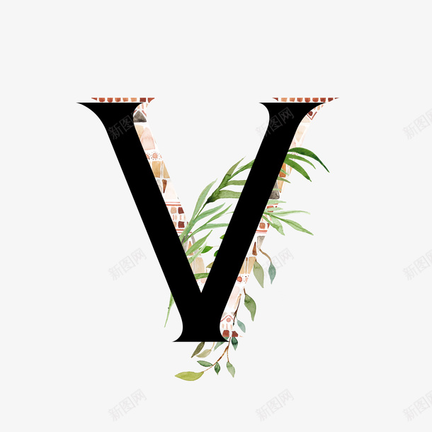 卡通手绘英文字母Vpng免抠素材_88icon https://88icon.com 创意 动漫动画 卡通手绘 简约 绿叶 英文字母V 黑色