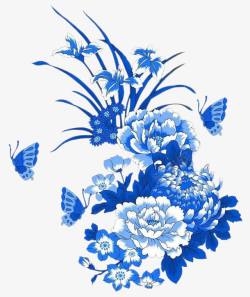 古风蓝色花朵蝴蝶装饰素材
