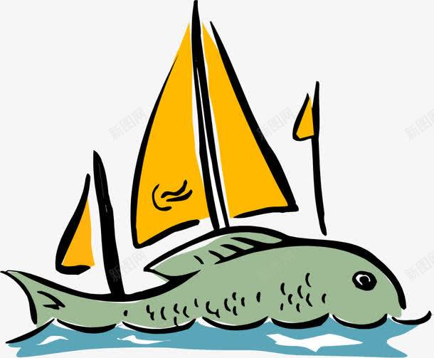 船帆小鱼png免抠素材_88icon https://88icon.com 一条 卡通 图案 手绘 水浪 船帆 蓝色 鱼 黄色