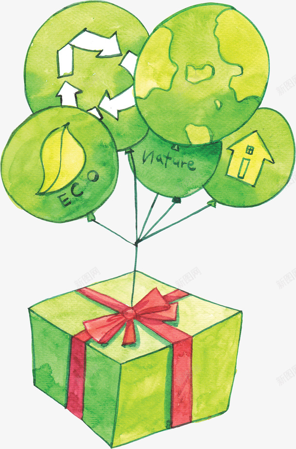 环保主题手绘风格气球和礼物盒png免抠素材_88icon https://88icon.com 气球 环保主题 环保礼品 礼物盒 绿色