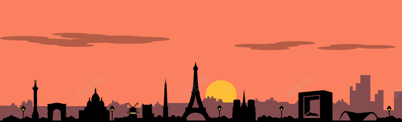 巴黎著名建筑黄昏下剪影背景矢量图背景