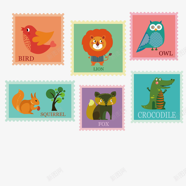 可爱的动物邮票集矢量图ai免抠素材_88icon https://88icon.com 动物 可爱 邮票 矢量图