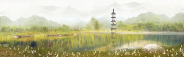 中国画banner创意jpg设计背景_88icon https://88icon.com 古塔 国画 湖水 美景