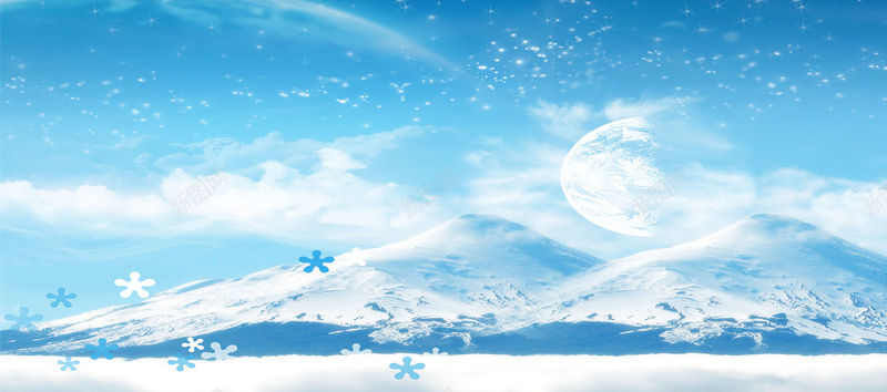 蓝色梦幻雪山月亮背景摄影图片