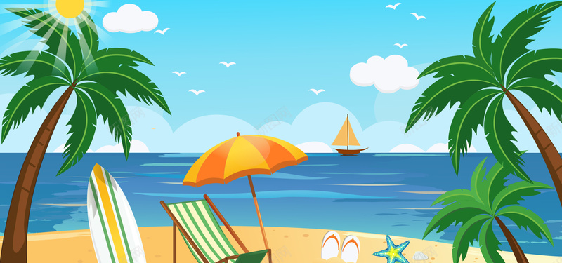 盛夏海边度假卡通童趣文艺蓝色背景背景
