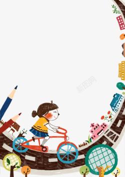 骑自行车的小女孩可爱卡通插画素材