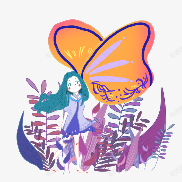 卡通手绘紫色的植物png免抠素材_88icon https://88icon.com 创意 动漫动画 卡通手绘 简约 紫色植物 美丽的女孩