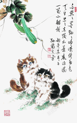 中国画瓜藤下的猫素材