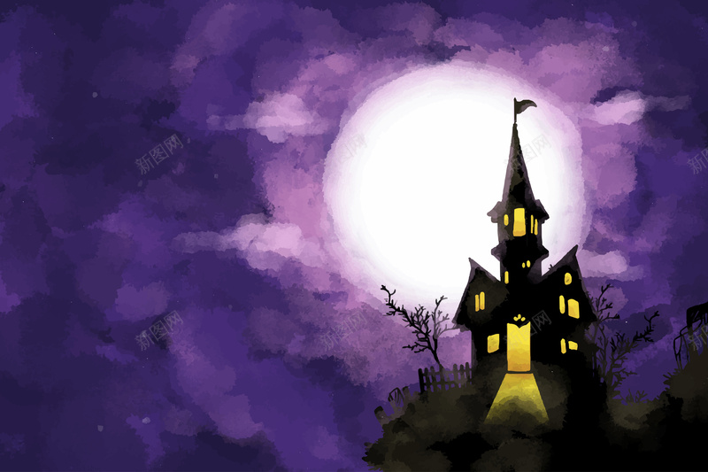万圣节城堡海报矢量图ai设计背景_88icon https://88icon.com Halloween 万圣节 城堡 恐怖 月亮 水彩 海报 紫色 蝙蝠 矢量图