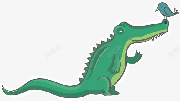 绿色鳄鱼png免抠素材_88icon https://88icon.com 卡通 小鸟 尖牙 手绘 爪子 绿色鳄鱼 长尾巴