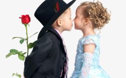 小男孩手持玫瑰吻小女孩素材